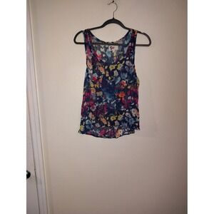 SO Womens Floral Tank Top Navy Blue Multi Color Sheer Sleeveless Blouse Medium